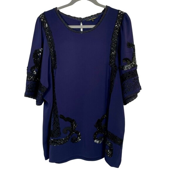 Kobi Halperin Kendra Blouse Embellished Midnight Blue Sequins Jewel Neck Sz XL - Picture 1 of 15